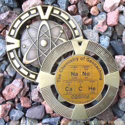 NaNo CaCHe - The Chemistry of Geocaching - Antique Gold Geomedal Geocoin