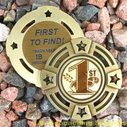 FTF (First to Find) Small Geomedal Geocoin with Star Cutouts
