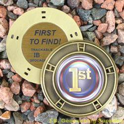 FTF (First to Find) Colour Geomedal Geocoin with Cutouts
