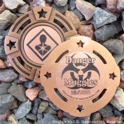 Danger Muggles - Small Antique Bronze Geomedal Geocoin with Star Cutouts